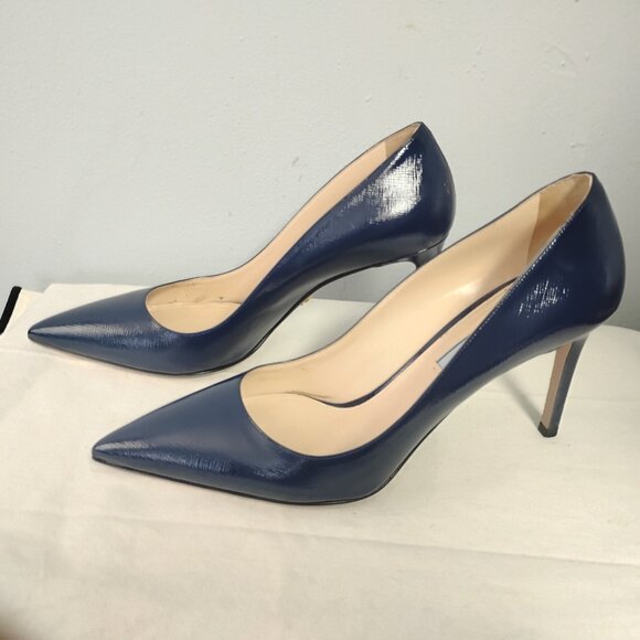 ❤️PRADA NAVY SAFFIANO VERNICE LEATHER Stiletto Pumps Shoes Size 39 + 2 Dustbags - Picture 1 of 9
